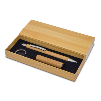 R02319 - Bambusowy długopis i latarka w pudełku Pelak, beżowy 