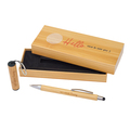 R02319.13 - Bambusowy długopis i latarka w pudełku Pelak, beżowy 